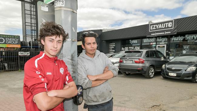 Detailer Tomislav Todoric and part owner Aboudy Keddeh at Ezyauto in Thebarton will lose his business because of the South Rd upgrade. Picture: NCA NewsWire / Brenton Edwards