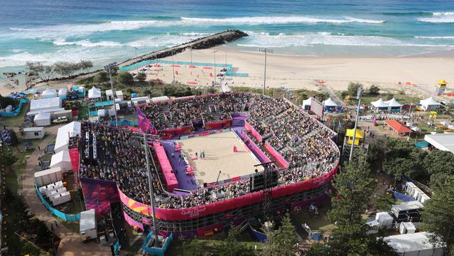 Best Seat in The House. The Patterson Family Lenny and Suzanne with their two boys Levi, 10, and Cooper, 7, watch the Beach Volleyball from their balcony, at The Beach House appartments in Coolangatta.  For the 2018 Gold Coast Commonwealth Games.  Picture: Alex Coppel.