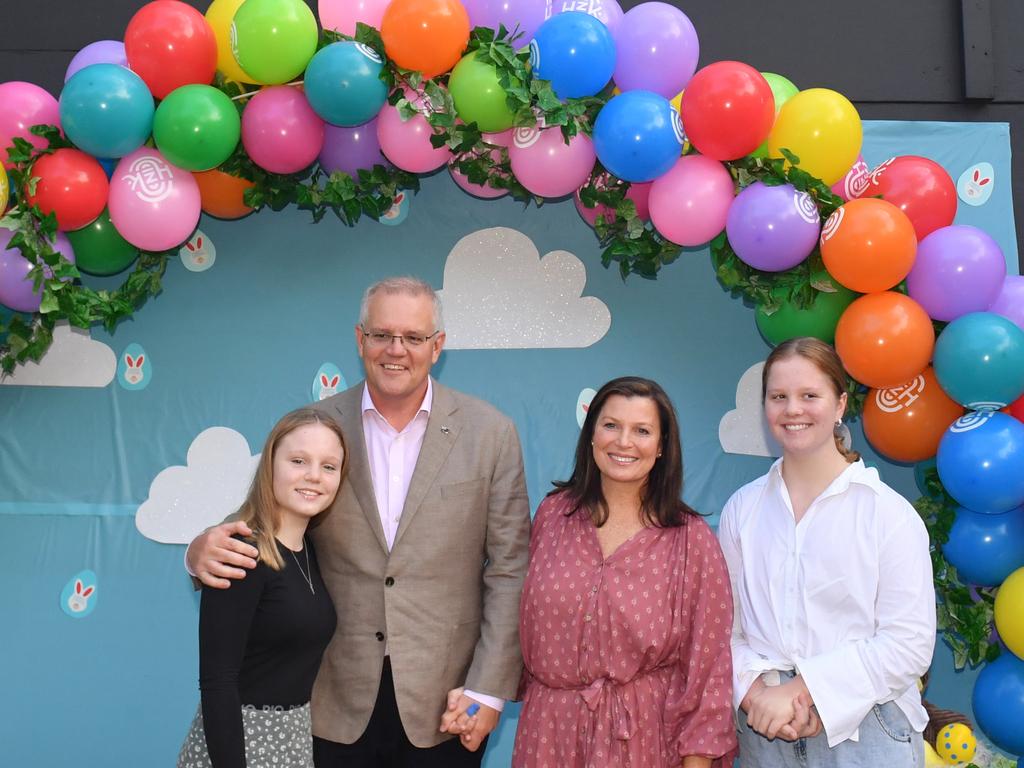 Mr Morrison, with his wife Jenny and daughters Abbey and Lily – who were born with the help of IVF – pictured at an Easter service at a Horizon Church in Sydney. Picture: AAP Image/Mick Tsikas