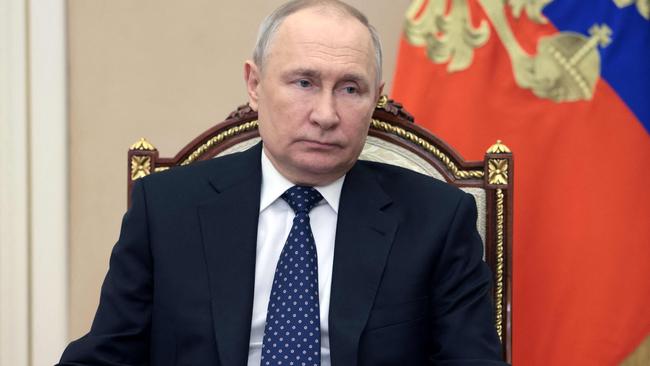 Russian President Vladimir Putin chairs a Security Council meeting via a video link at the Kremlin in Moscow on March 3, 2023. Picture: SPUTNIK / AFP