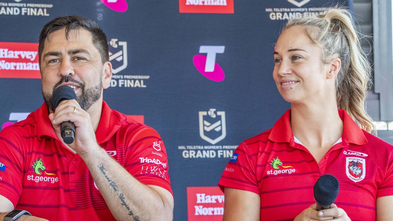 Dragons coach Jamie Soward and captain Kezie Apps discuss Sunday’s NRLW grand final. Picture: Richard Walker