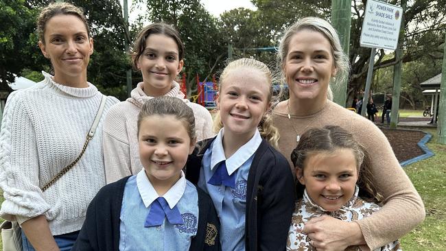 From back left, Janelle Woodford, Charlotte Woodford and Emma Holahan and, front from left, Poppie Holahan, Florence Holahan and Harriet Holahan following the Anzac Day Dawn Service at Mudjimba on April 25. Picture: Letea Cavander