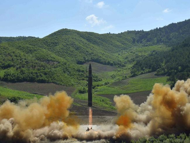 This July 4, 2017 photo, distributed by the North Korean government shows what was said to be the launch of a Hwasong-14 intercontinental ballistic missile in North Korea. Picture: Korean Central News Agency/Korea News Service/AP