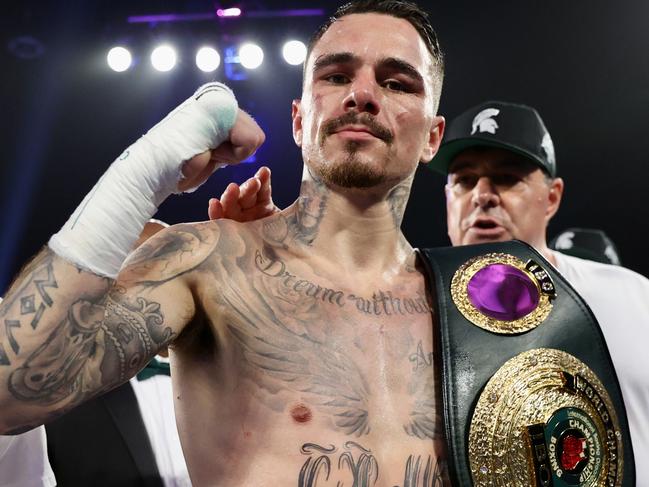 SHAWNEE, OKLAHOMA - JULY 22: George Kambosos Jr celebrates after defeating Maxi Hughes, during their lightweight fight at FireLake Arena on July 22, 2023 in Shawnee, Oklahoma. (Photo by Mikey Williams/Top Rank Inc via Getty Images)