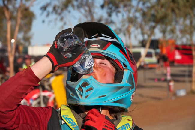 Finke rider Alex Long after crossing the finish line at the 2019 Tatts Finke Desert Race. Pic: MATT HENDERSON