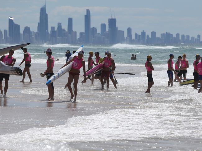 Competitors taking part in the final day of the Queensland State Surf Life Saving Championships at Tugun beach. (media person Cloe Maxwell PH 0419201246). Pic Mike Batterham