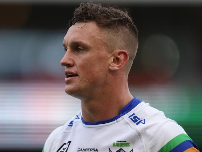 NEWCASTLE, AUSTRALIA - MARCH 26: Jack Wighton of the Raiders is sent off during the round four NRL match between Newcastle Knights and Canberra Raiders at McDonald Jones Stadium on March 26, 2023 in Newcastle, Australia. (Photo by Scott Gardiner/Getty Images)