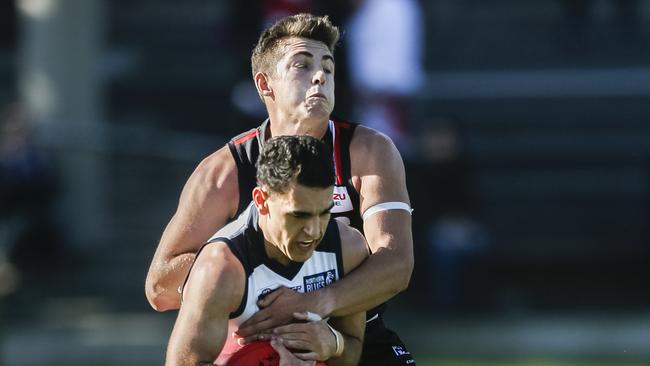 Brenton Hillard (back) playing for Frankston in the VFL. Picture: Valeriu Campan