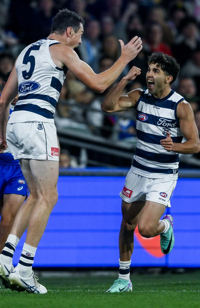 Jeremy Cameron and Tyson Stengle celebrate. Picture: Mark Brake/Getty Images