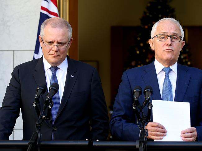 Treasurer Scott Morrison and PM Malcolm Turnbull in Canberra today. Picture: Kym Smith