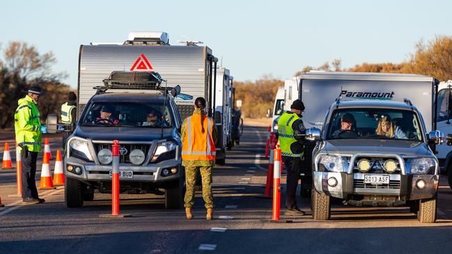 Long lines of vehicles waiting at the border on Friday. Picture: Emma Murray