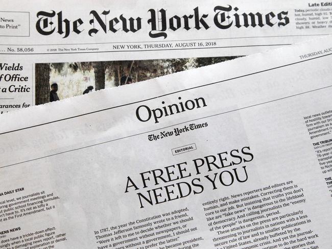 An editorial titled “A Free Press Needs You” is published in <i>The New York Times</i>. Picture: AP