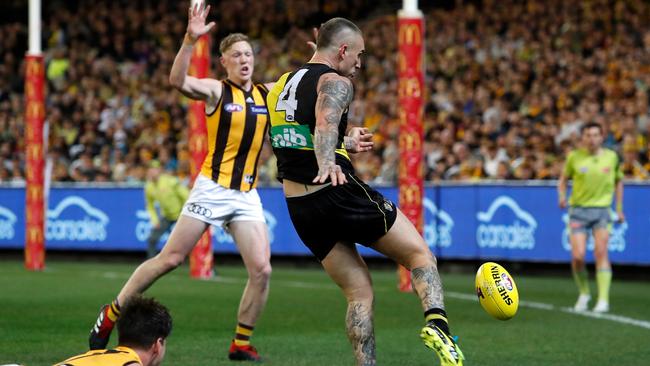 Dustin Martin kicks an extraordinary goal from the boundary. Picture: AFL Media