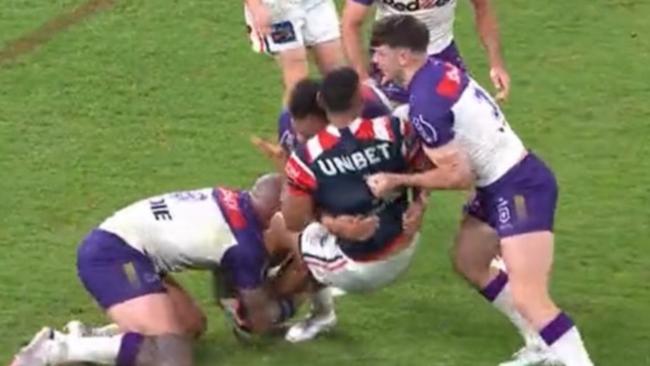 The Storm are privately filthy that Nelson Asofa-Solomona was penalised for this tackle around the legs. Picture: NRL Imagery