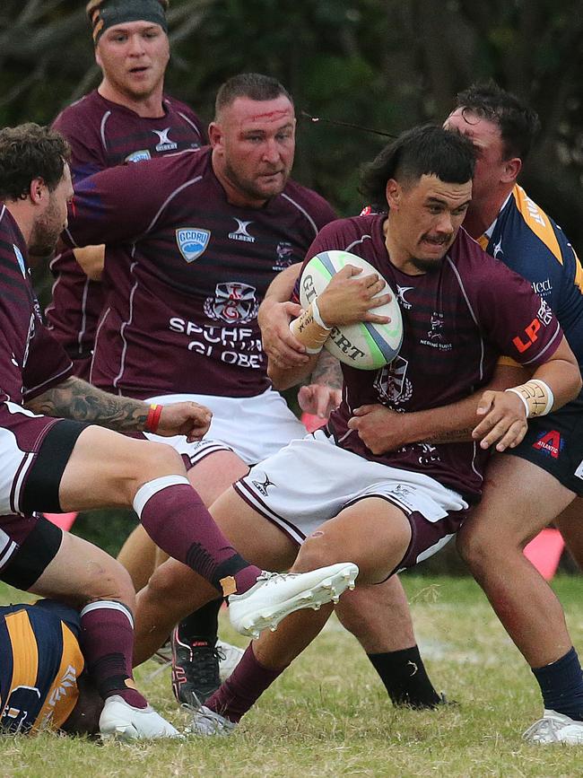 Gold Coast District Rugby Union clash between Griffith Uni Colleges Knights and Nerang Bulls. Knights Player No10 Rylee Stewart Bulls Player No14 Logan watene Pic Mike Batterham