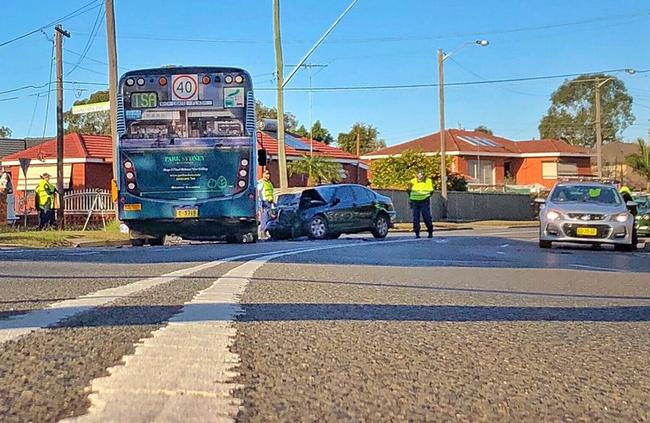 A man has died after his car collided with a bus on Polding St in Fairfield. Picture: Seven News