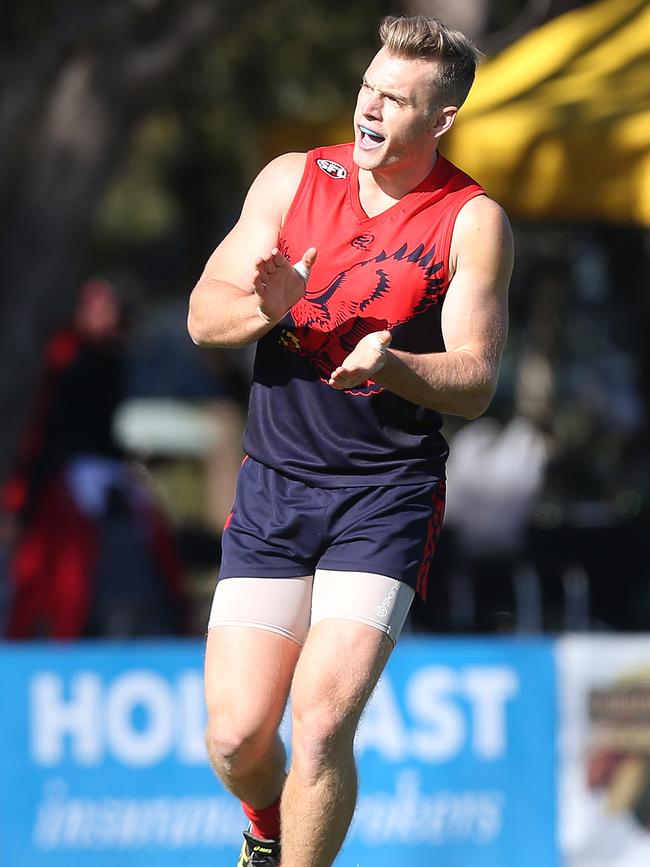 Sam Smith, pictured celebrating, was one of the Falcons’ best in their big victory Cove Port Noarlunga on Saturday. Picture: Stephen Laffer