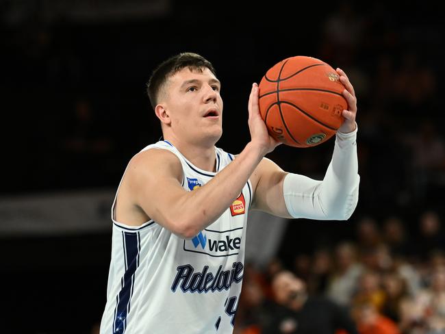 CAIRNS, AUSTRALIA - SEPTEMBER 28: Dejan Vasiljevic of the 36ers  lines up a free throw during the round two NBL match between Cairns Taipans and Adelaide 36ers at Cairns Convention Centre, on September 28, 2024, in Cairns, Australia. (Photo by Emily Barker/Getty Images)