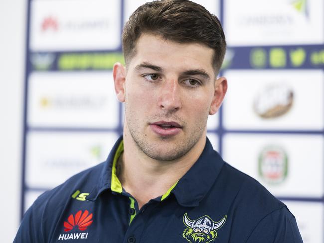 CANBERRA, AUSTRALIA - SEPTEMBER 11: Canberra Raiders NRL player Curtis Scott speaks to the media during a press conference on September 11, 2020 in Canberra, Australia. Scott was charged after being arrested on Australia Day in Sydney earlier this year. (Photo by Rohan Thomson/Getty Images)