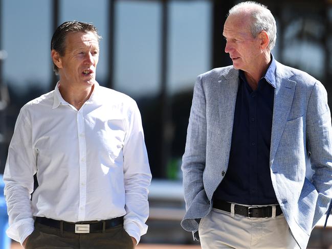 Brisbane Broncos coach Wayne Bennett (right) and Melbourne Storm coach Craig Bellamy arrive at the NRL Sportsman's Lunch in Toowoomba, Queensland, Friday, June 1, 2018. (AAP Image/Dan Peled) NO ARCHIVING