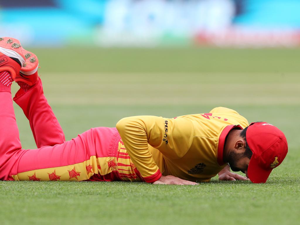 ADELAIDE, AUSTRALIA - NOVEMBER 02:  Sikandar Raza of Zimbabwe reacts to a missed catch during the ICC Men's T20 World Cup match between Zimbabwe and Netherlands at Adelaide Oval on November 02, 2022 in Adelaide, Australia. (Photo by Sarah Reed/Getty Images)
