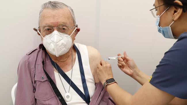 98-year-old Jack Weller gets vaccinated on Tuesday. Picture: Toby Zerna