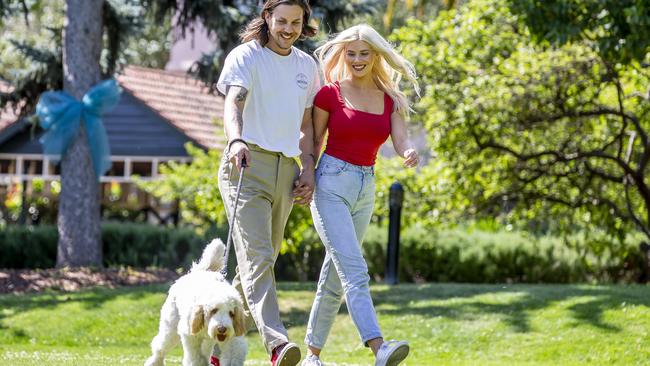 Aaron Meiselbach, Laura Binnie and labradoodle Larry. Picture: Tim Carrafa