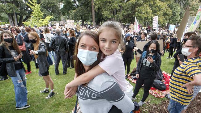 A woman and young girl at Monday’s protest. Picture: NCA NewsWire/David Geraghty