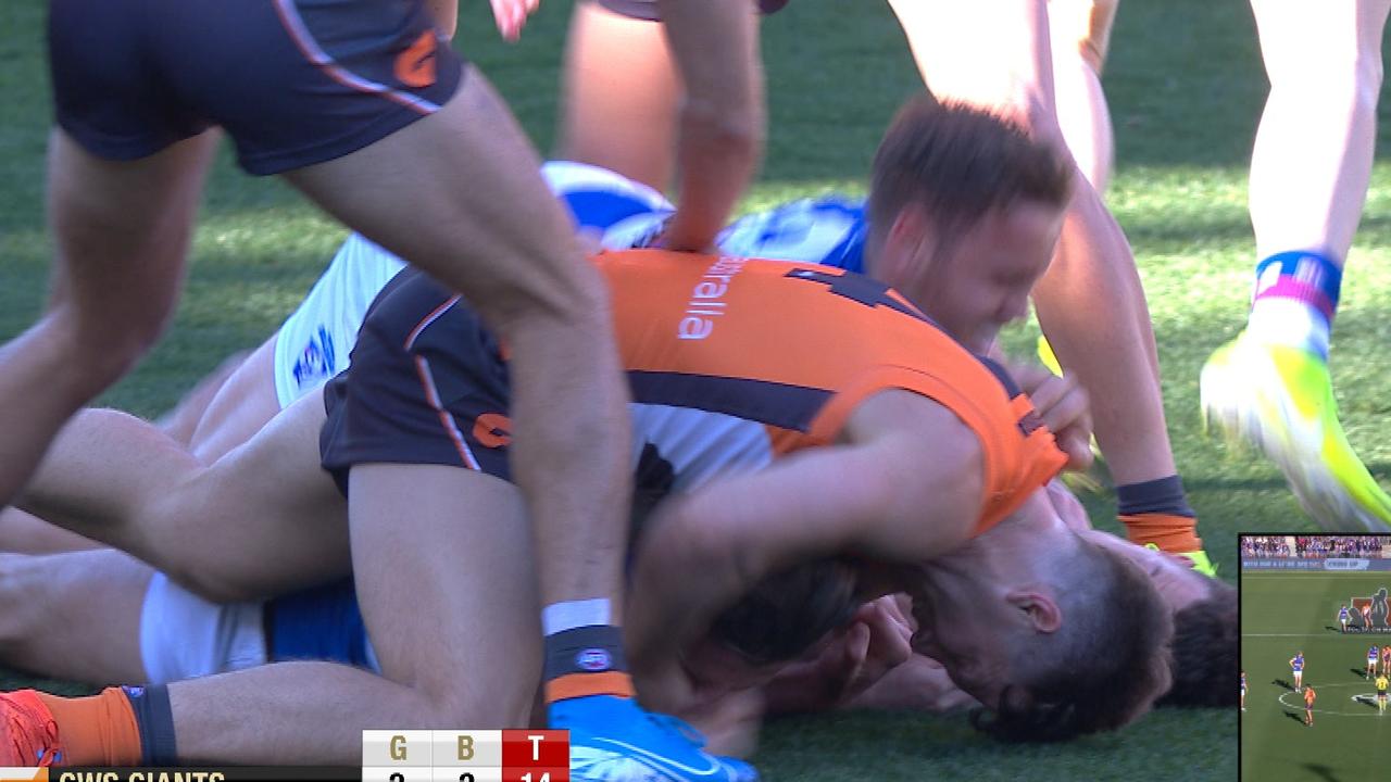 Toby Greene has been sent straight to the AFL Tribunal for this incident involving Bulldog Marcus Bontempelli.