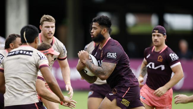 Payne Haas gets stuck back into the hard work at training. Picture: Josh Woning