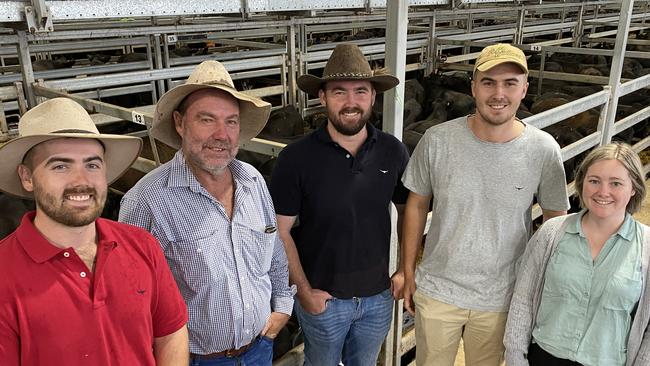 Brett, Mark, Shaun, Dale and Kristy Quilter from Narrandera, NSW, were selling 121 Angus steers and 21 heifers on the opening day of sales at Wodonga on January 5. Picture: Fiona Myers