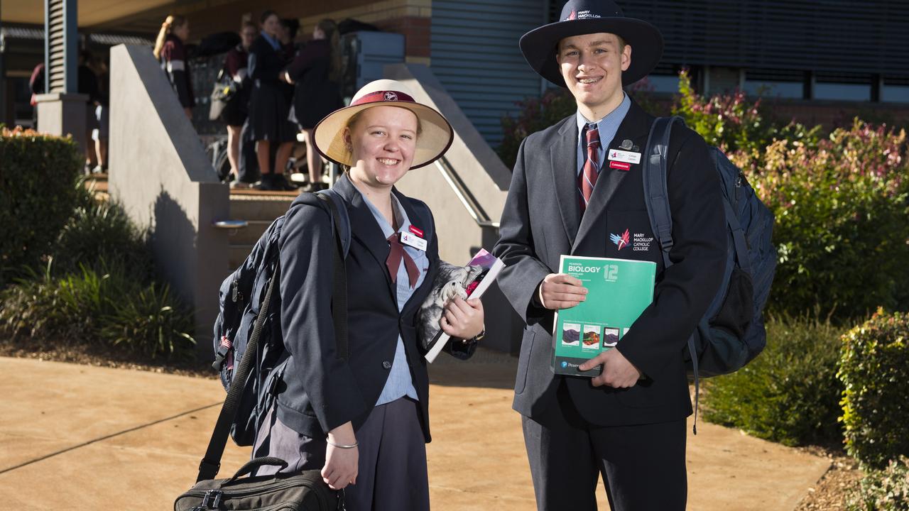 TOP JOB: Mary MacKillop Catholic College is celebrating the success of their first year 12 cohort after the entire grade received their QCE and 50 per cent achieved an ATAR score above 90. 2020 college captains Caitlin Lang and Connor McKerrow return to school, Monday, May 11, 2020. Picture: Kevin Farm