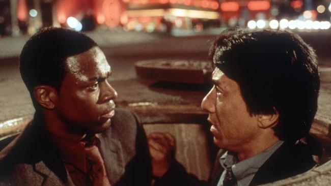 Actor Jackie Chan with Chris Tucker in scene from the 2001 film Rush Hour 2.