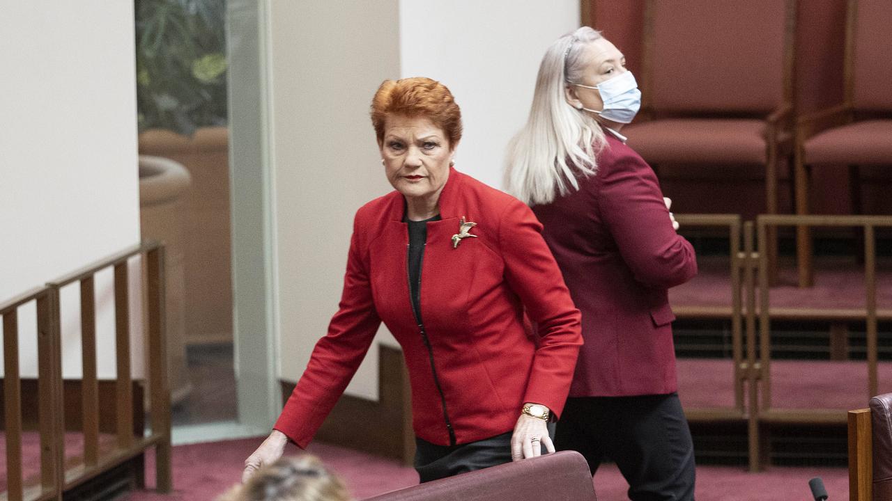 Pauline Hanson storms out of parliament. Picture: NCA NewsWire / Gary Ramage