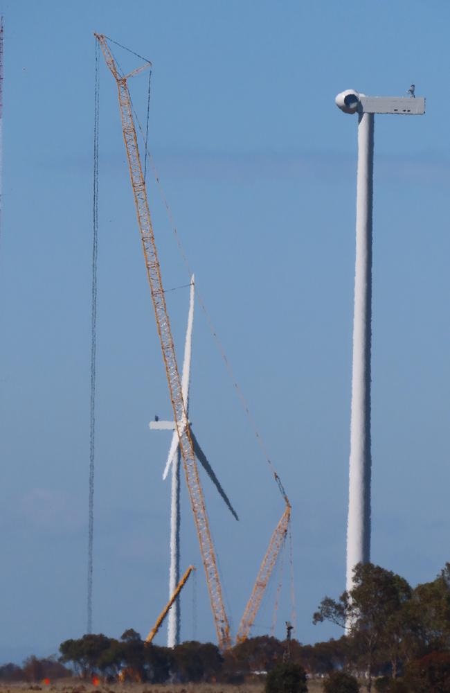 Police, paramedics, firefighters, and the SES have rushed to an industrial emergency in Rokewood understood to have involved an injury caused by a wind turbine. Picture: Timothy Cox.