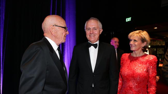 The mood was described as “jolly” in the lead up to the show down. Pictured Rupert Murdoch, Malcolm Turnbull and Julie Bishop.