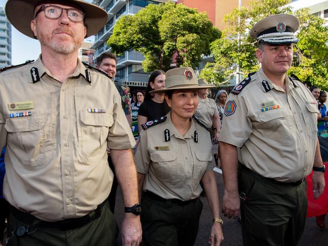 Michael Hebb, Deputy Commissioner NT Correctional Services Yolonda Adams and Commissioner Corrections Matthew Varley attend the NAIDOC march, 2024. The theme this year is 'Keep the fire burning: Blak, loud and proud'. Picture: Pema Tamang Pakhrin