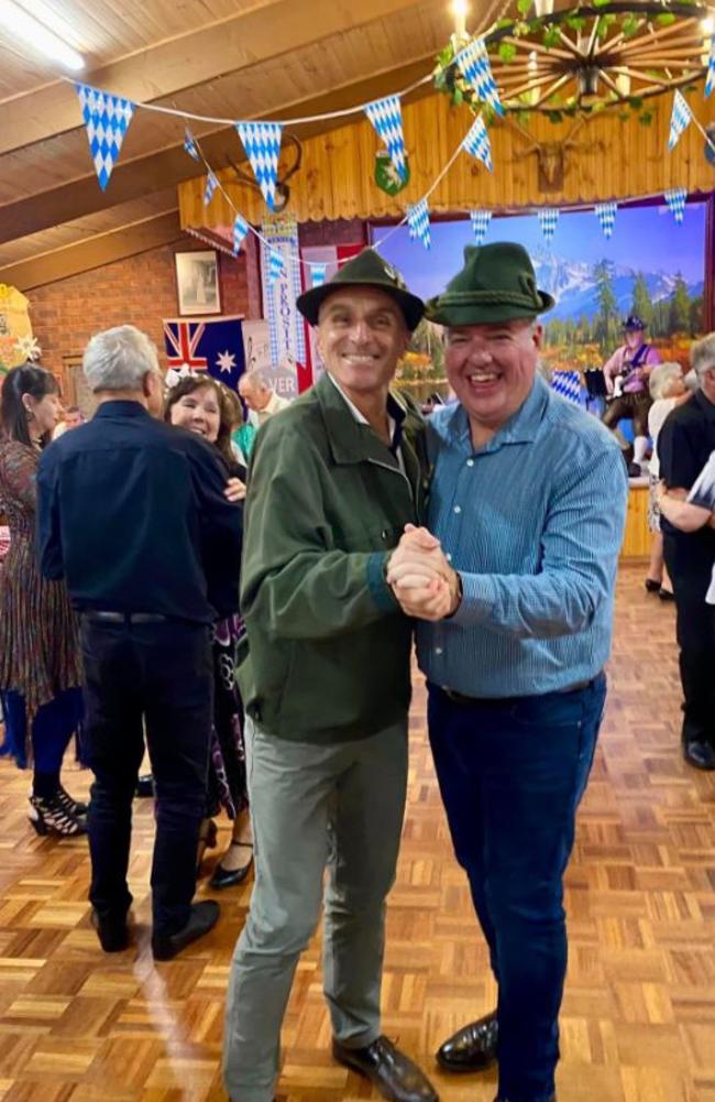 Eddy Kontelj and Anthony Aitken get into the swing of things at the Austrian Club's Oktoberfest event on the weekend. Picture: Anthony Aitken/Facebook.