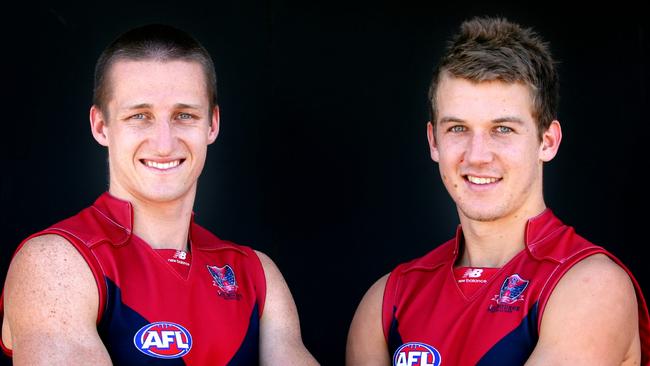 Demons captains Jack Grimes and Jack Trengove in 2012.