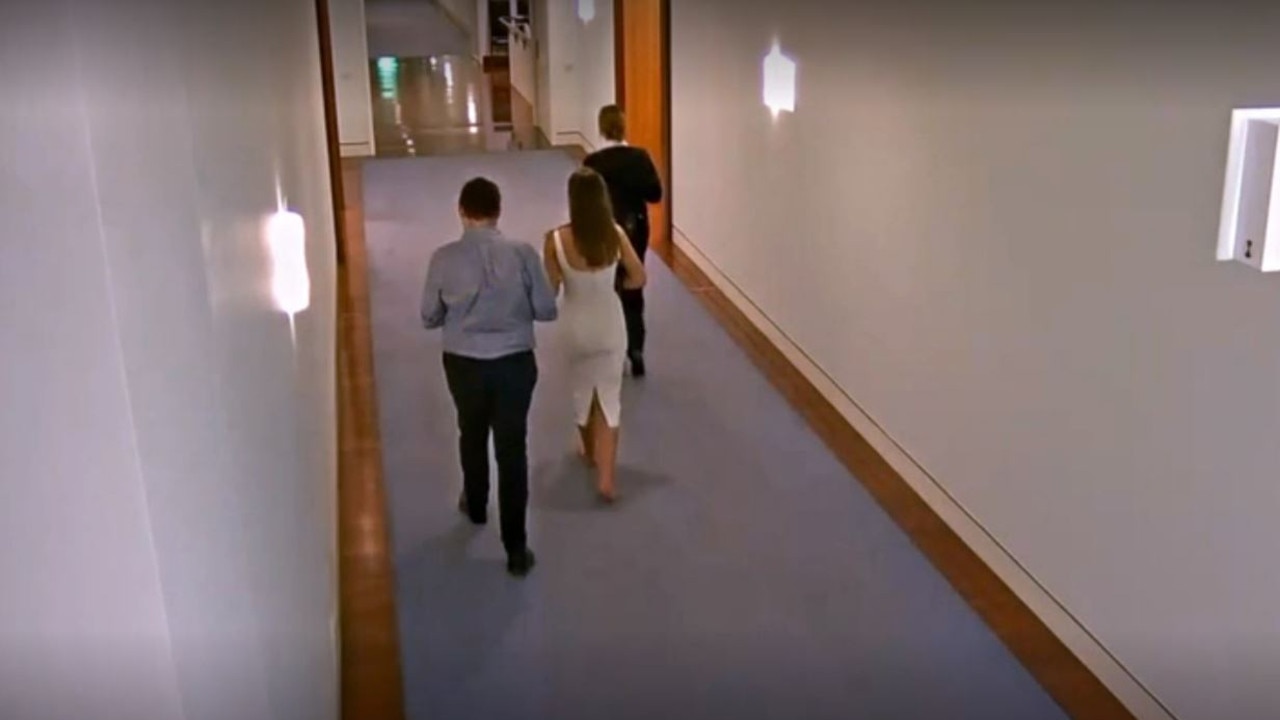 CCTV vision showed the two entering Parliament House at 1.47am and being escorted to the lift. Picture: 7 News