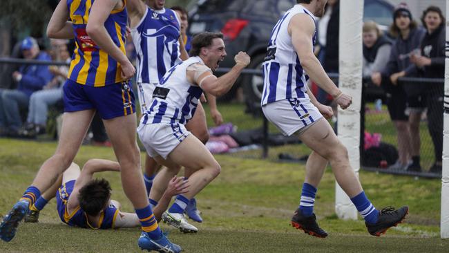 MPNFL: Langwarrin’s Josh Dormer celebrates the goal. Picture: Valeriu Campan