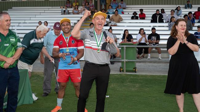 Swifts coach Wayne Finch punches the air in delight after his team won the 2021 A-Grade grand final. Picture: Bruce Clayton