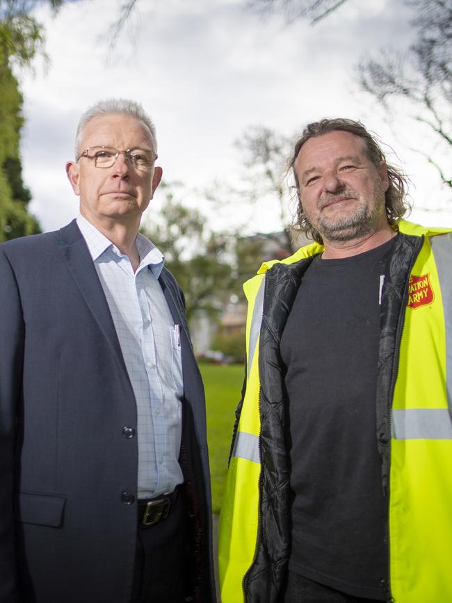 John Stubley from Hobart City Mission and Don McCrae from the Salvos. Picture: RICHARD JUPE