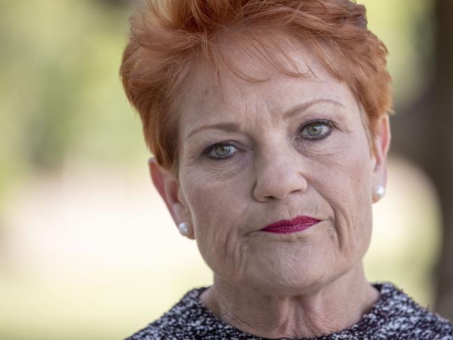 Pauline Hanson is seen speaking to a journalist after donating a marquee to the local Young Veterans organisation in Caboolture,   Brisbane, Friday, May 18, 2018. (AAP Image/Glenn Hunt) NO ARCHIVING