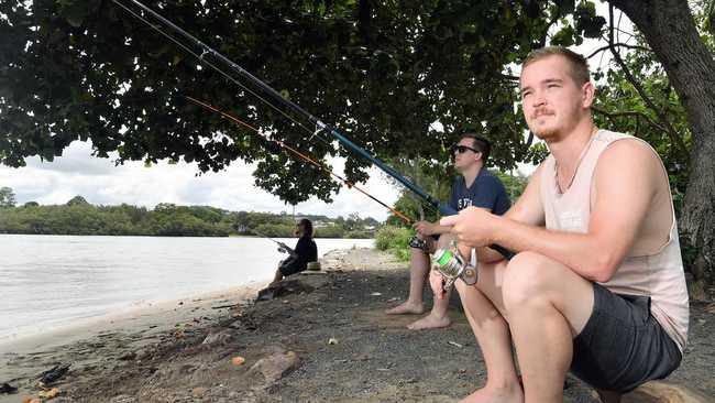 Ethan Rorie, pictured fishing with his mates Carson Aicken and Mat Jones on Maroochy River, said they were “eaten alive” in Bli Bli on Tuesday night. Photo: John McCutcheon