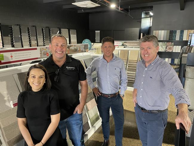 National Tiles and Carpet Call co-owners Tamara and Dean Parfrey with Knight Frank sales and leasing executives Dan Place and Mark Fitzgerald. Picture: Leighton Smith.