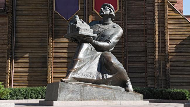 The Prince Yaroslav the Wise monument at the entrance to the Golden Gate of Kiev.