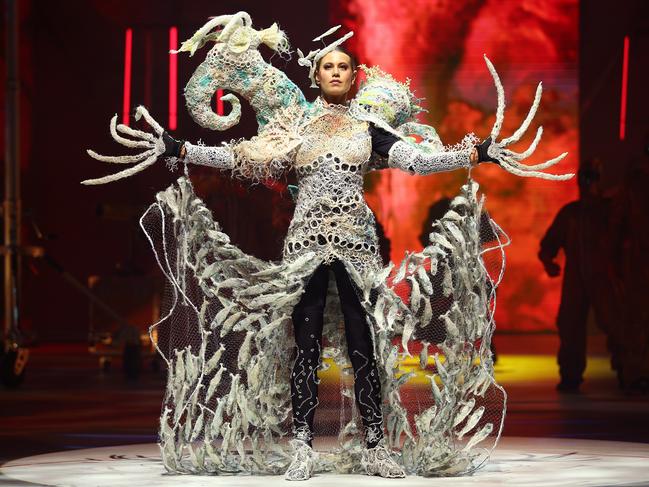 ‘Birth of the Babel Fish’ by Lynnette Griffiths and Marion Gaemers from Australia is modelled in the Mars & Beyond Section and won the International Design Award for Australia & Pacific. Picture: Hagen Hopkins/Getty Images for World of WearableArt