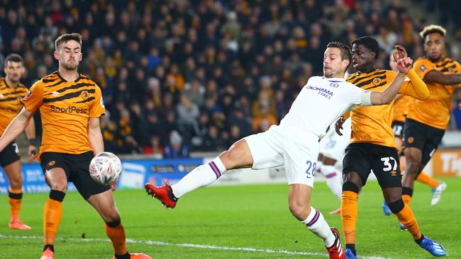 Chelsea’s Cesar Azpilicueta has a shot at goal against Hull. Picture: Getty Images