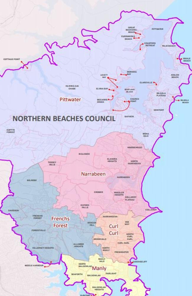 A boundary map of the Northern Beaches Council's wards.